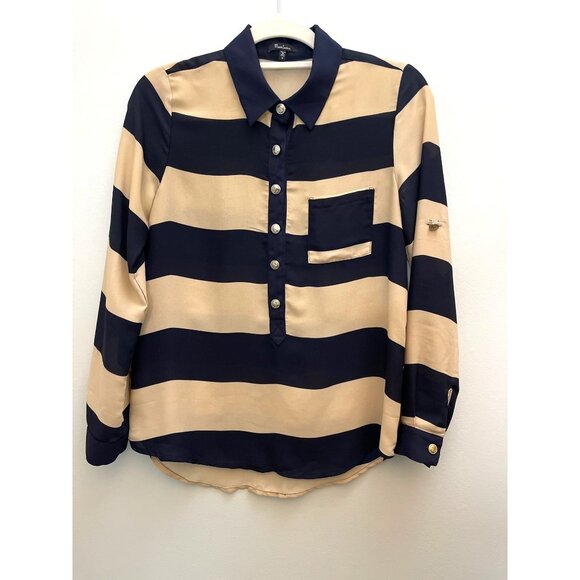 Monteau Womens Navy & Beige Striped Button-Up Blouse With Anchor Buttons Size S - Picture 1 of 8